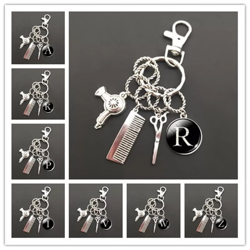 Hairstyle Gift Vintage Hair Dryer Comb Scissors Keychain With Initial  Letter - Amazingkeyrings