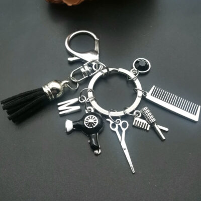 Hairstylist Gift Scissors Hair Dryer Comb Keychain With Initial Letter A-Z