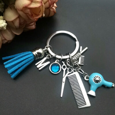 Hair Stylist Keychain Scissors Hair Dryer Comb A-Z Letter Charms