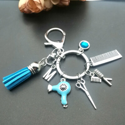 Hairstylist Gift Scissors Hair Dryer Comb Keychain With Initial Letter A-Z